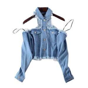 Light Blue Denim Cold-Shoulder Button-Front Long Sleeve Top